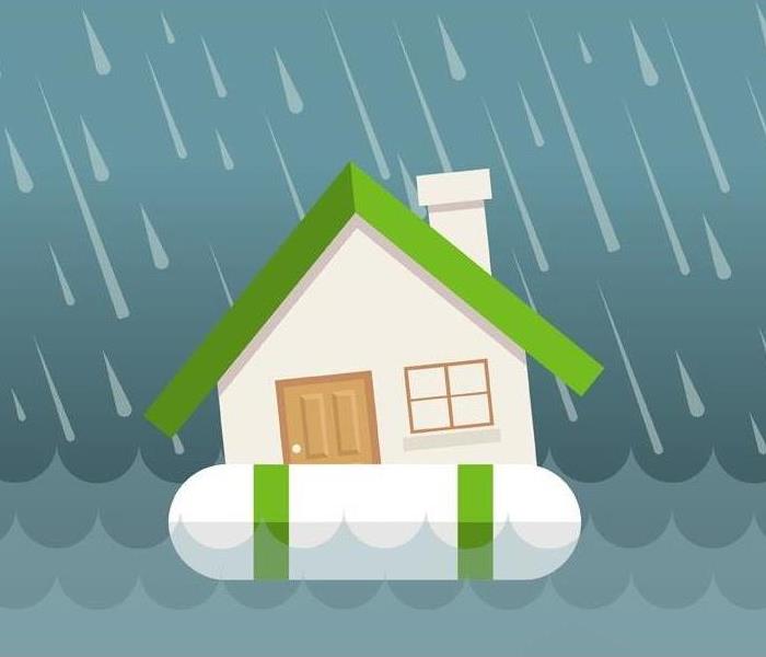 drawing of a house flooting in stormy waters and drops of rain 